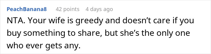 Comment highlighting a fruit-obsessed wife's behavior, discussing greed and sharing fruit portions.