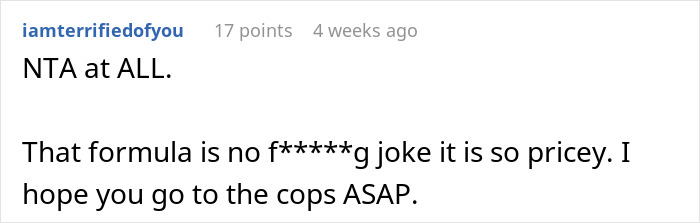 Comment discussing baby formula cost and urging to contact authorities. Comment discussing baby formula cost and urging to contact authorities.