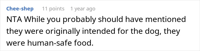 Screenshot of a Reddit comment by user Chee-shep discussing dog treats and human-safe food. Screenshot of a Reddit comment by user Chee-shep discussing dog treats and human-safe food.