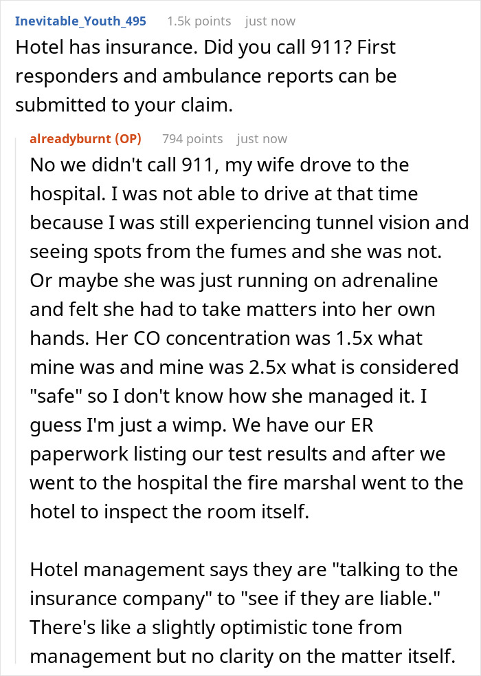 Reddit discussion about family charged for hotel room and ER after waking up in smoke.