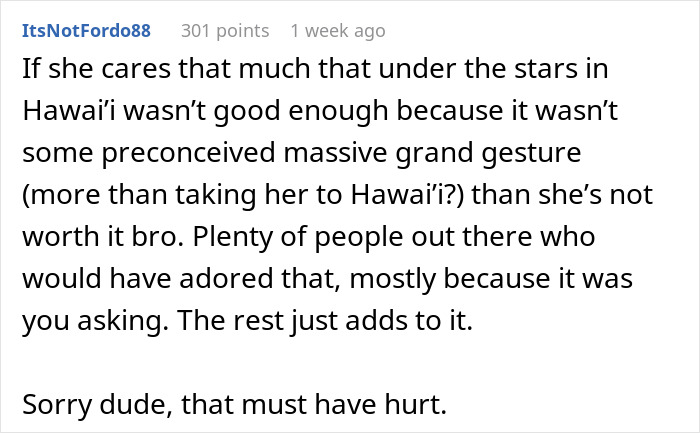 Reddit comment criticizing rejection of a proposal due to unmet grand gesture expectations.
