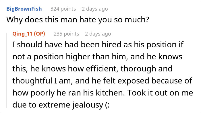 Comments discussing jealousy and tension after a boss assumes an employee got fired.