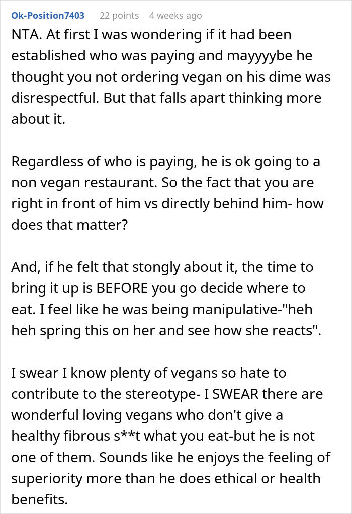 Text from a Reddit user discussing a woman's choice to order a meat burger on a date with a vegan.