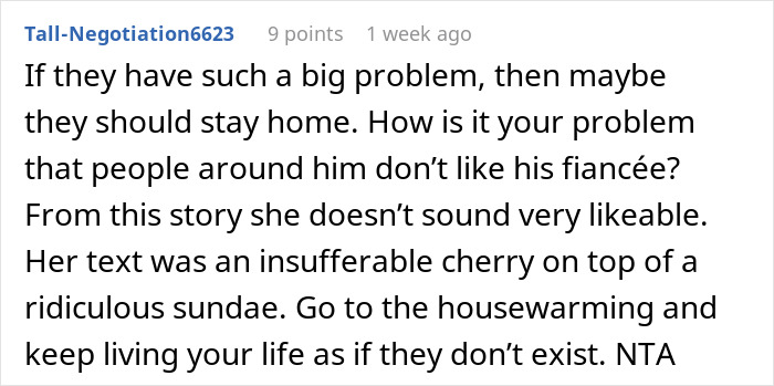 Text message criticizing an ex's demand to skip a housewarming party to avoid awkwardness. Text message criticizing an ex's demand to skip a housewarming party to avoid awkwardness.
