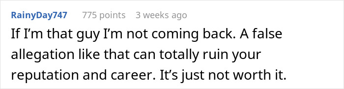 Comment discussing impact of false allegations on reputation and career. Comment discussing impact of false allegations on reputation and career.