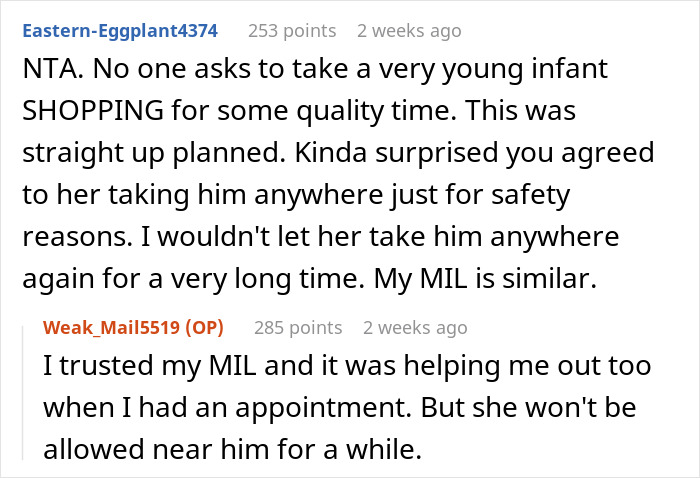 Reddit comments discussing a new mom upset over missing a baby's "firsts" due to a shopping trip with the in-law. Reddit comments discussing a new mom upset over missing a baby's "firsts" due to a shopping trip with the in-law.
