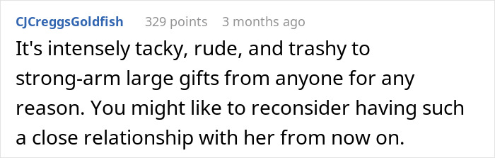 Comment criticizes demanding large wedding gifts.