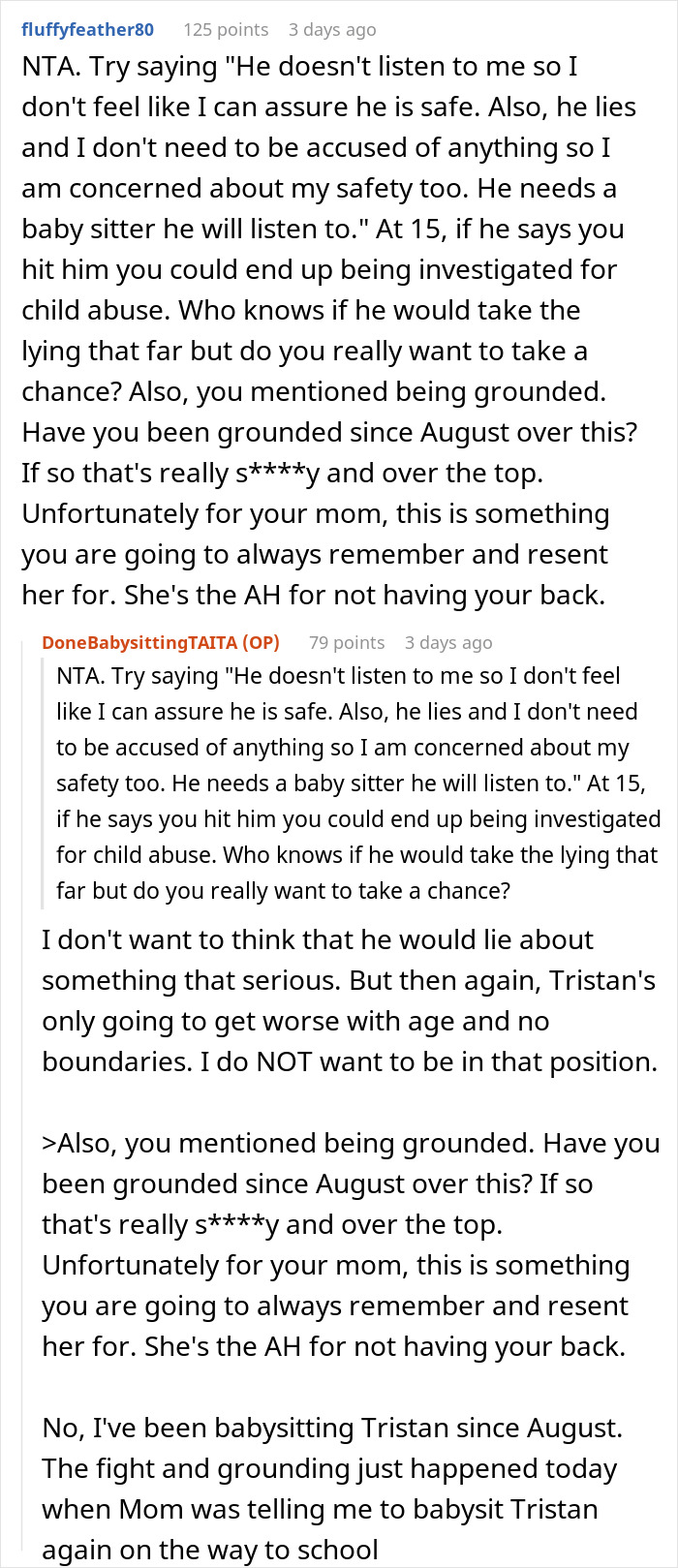 Reddit discussion about a teen refusing to babysit a difficult cousin.
