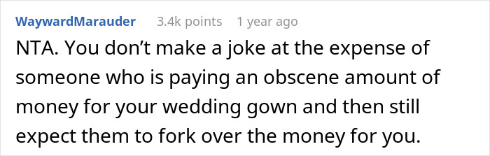 Text showing criticism of a joke related to a pricey wedding gown. Text showing criticism of a joke related to a pricey wedding gown.
