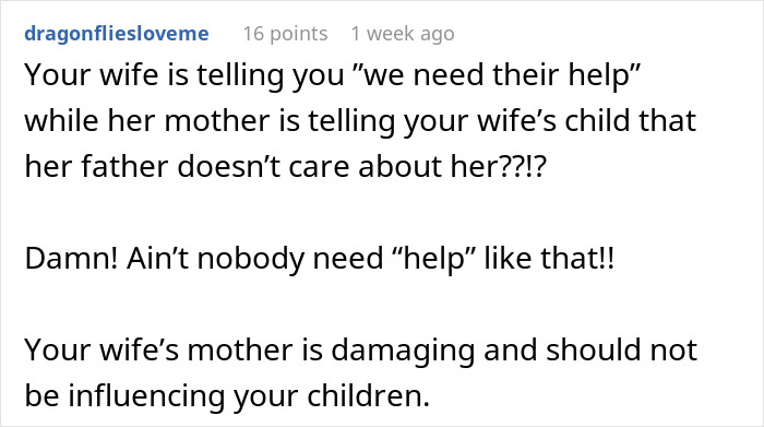 Comment about an overbearing MIL criticizing the father in front of his children. Comment about an overbearing MIL criticizing the father in front of his children.
