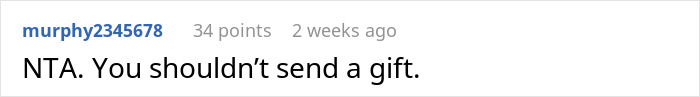 Reddit comment discussing wedding dress alterations, advising not to send a gift.