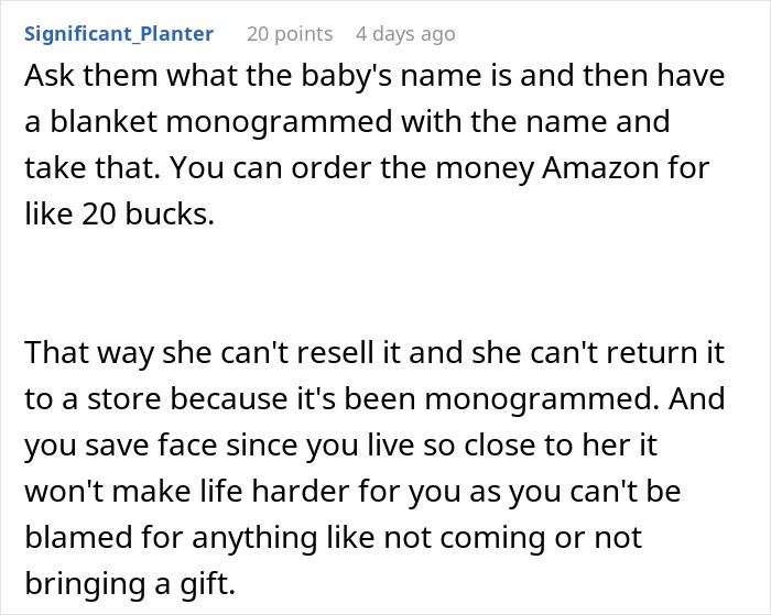 Screenshot of a Reddit comment discussing gifting a monogrammed baby blanket. Screenshot of a Reddit comment discussing gifting a monogrammed baby blanket.