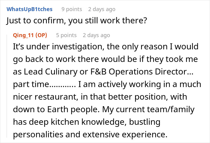 Text exchange discussing job status and reasons for not returning after boss assumed firing.