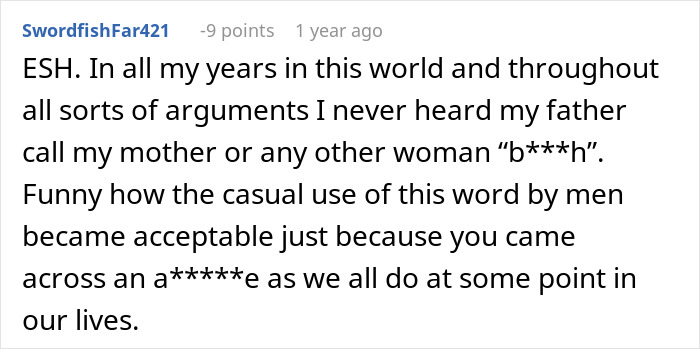 Screenshot of a Reddit comment discussing the acceptability of calling women mean names.