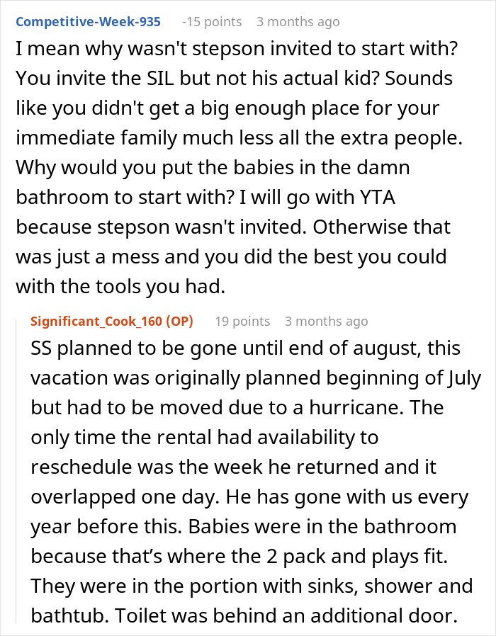 Screenshot of online comments discussing in-laws arriving unannounced during a vacation, sparking drama.
