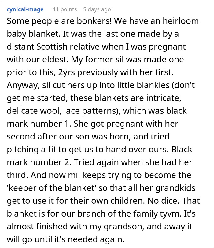 Text story about a family's heirloom crib and blanket dispute, highlighting grandparents' involvement.