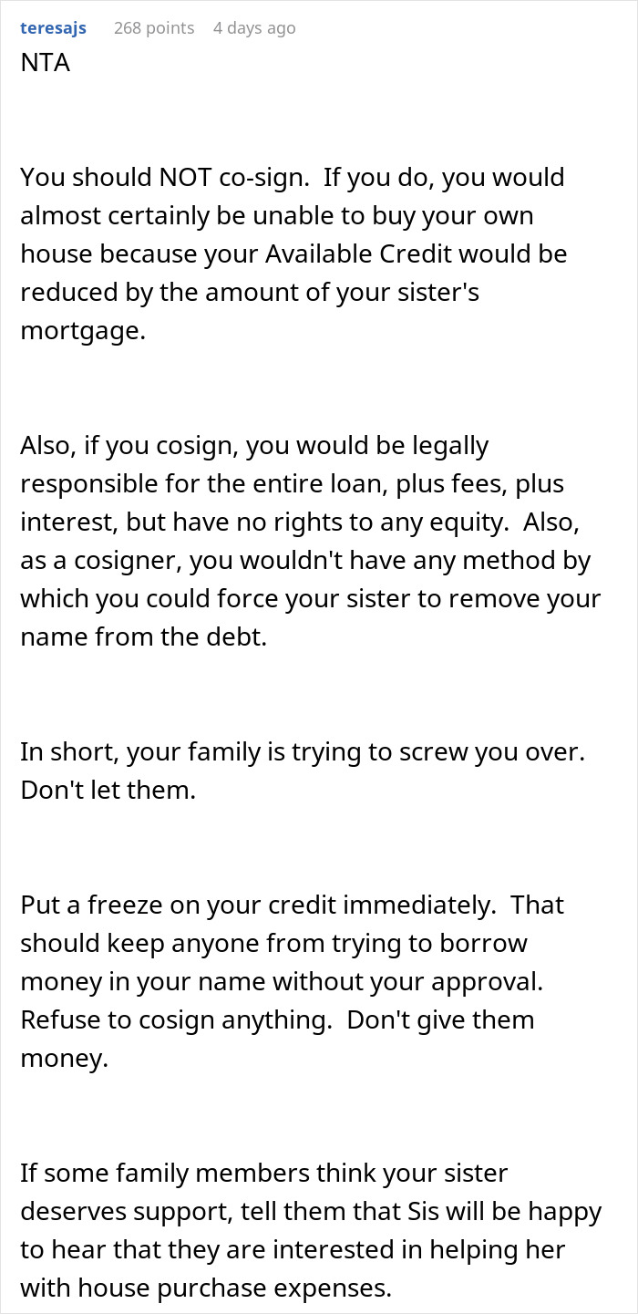 Reddit comment advising a woman to protect her finances by not cosigning her sister's loan.