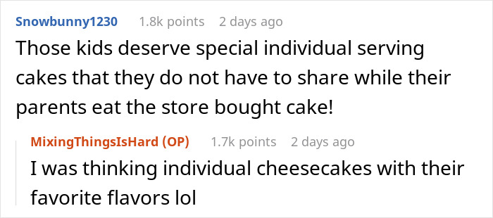 Reddit conversation about kids getting individual desserts instead of sharing, highlighting kids' revenge sentiment.