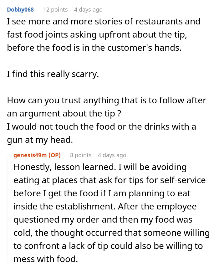 Comments discussing tipping issues and cold food concerns.