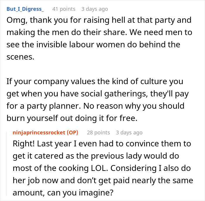 Comments discussing gender roles and unpaid labor at an office Christmas party.