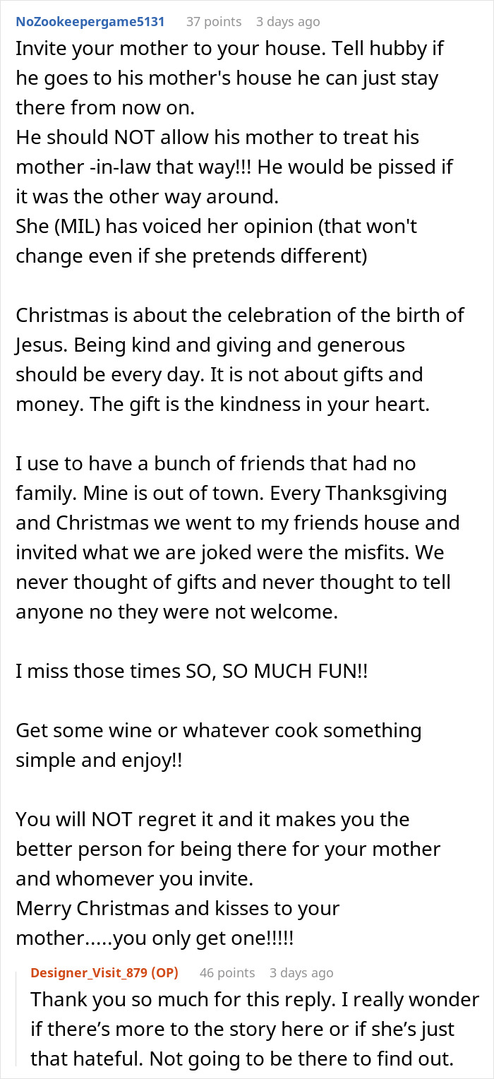 Text exchange about MIL's response to a Christmas request; user expresses disappointment and support for family inclusion.