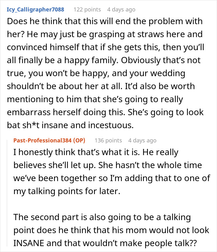 Comments discussing wedding dress color request for bride's fianc&eacute;'s mom's comfort.