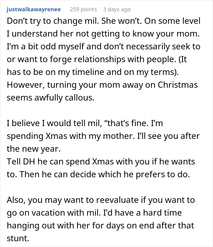 Text from a forum post discussing a MIL and her refusal of a Christmas request.