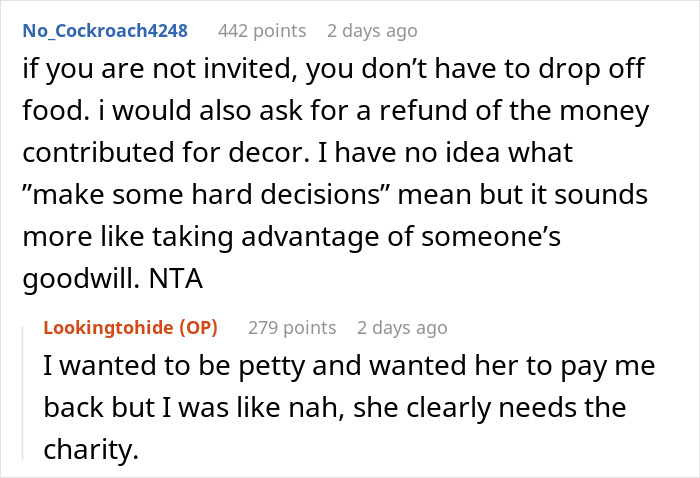 Reddit comments about a woman not delivering food to a baby shower after being uninvited; users discuss moral implications. Reddit comments about a woman not delivering food to a baby shower after being uninvited; users discuss moral implications.