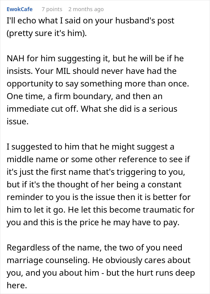 A comment discussing a woman's conflict with her MIL over marriage issues and suggesting counseling.