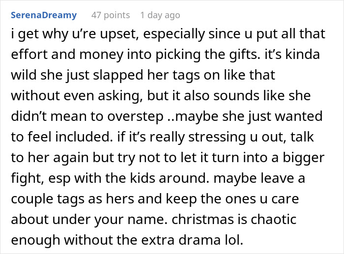 Text conversation discussing a woman upset about MIL putting her tags on gifts she didn't buy.