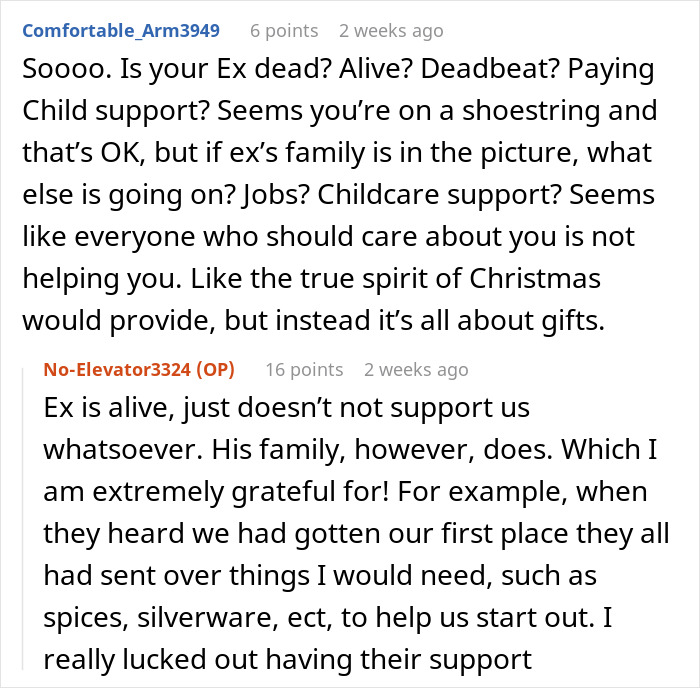 A woman's post about substituting Christmas gifts with ramen this year, discussing family support.