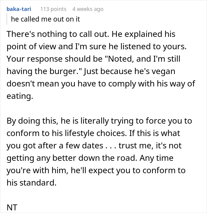 Text exchange discussing a woman being labeled tactless for ordering a meat burger on a date with a vegan.
