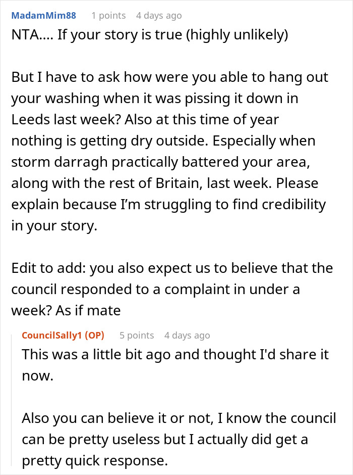 Comments discussing credibility of a story involving a council's quick response amid a rainy weather event.