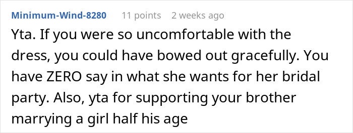 Reddit comment criticizing a woman's decision to alter a bridesmaid dress and discussing bridal party dynamics.