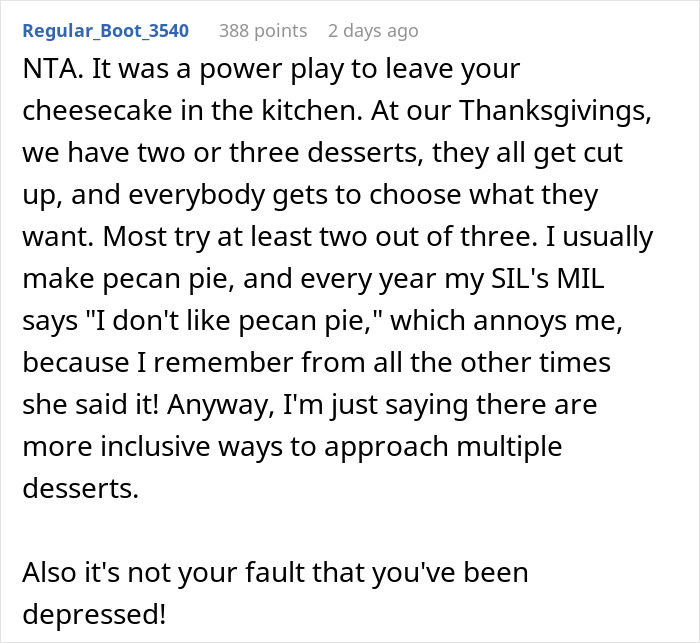Reddit comment about Thanksgiving dessert choices and inclusivity with desserts like cheesecake and pecan pie.