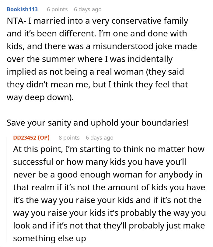 Text exchange about being a non-traditional mother in a conservative family, discussing boundaries and judgments.