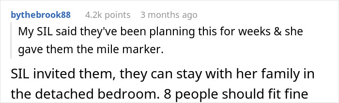 Reddit comment about in-laws visiting unannounced for a vacation, invited by SIL.