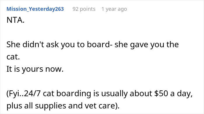 Reddit comment about a woman rehoming her cat and the implications of cat ownership responsibilities. Reddit comment about a woman rehoming her cat and the implications of cat ownership responsibilities.