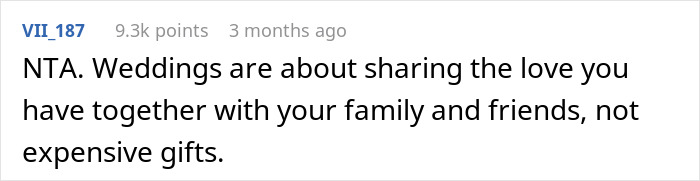 Reddit comment about weddings valuing love over expensive gifts.
