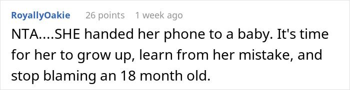 Comment discussing mistake of giving phone to toddler, suggesting the MIL take responsibility. Comment discussing mistake of giving phone to toddler, suggesting the MIL take responsibility.