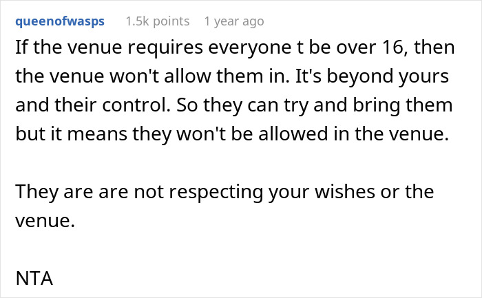 Text response discussing wedding guest age restrictions and family disagreement.