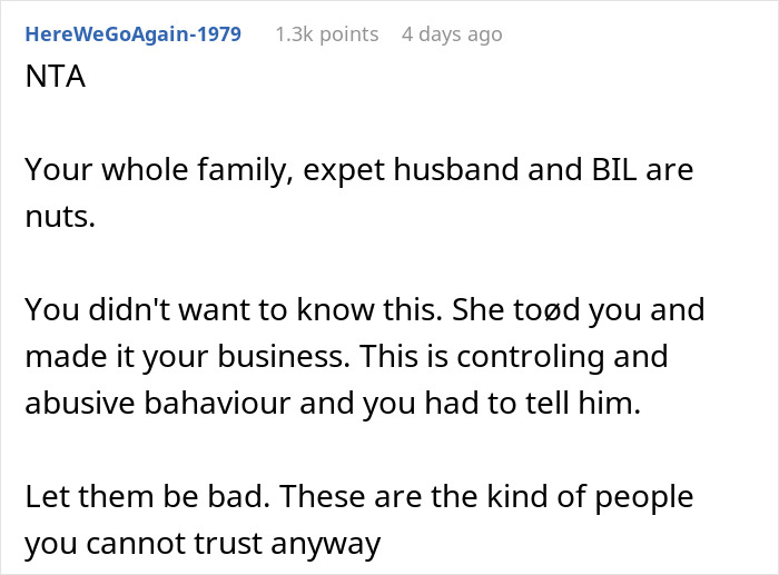 Reddit comment discussing family trust issues and relationship dynamics.