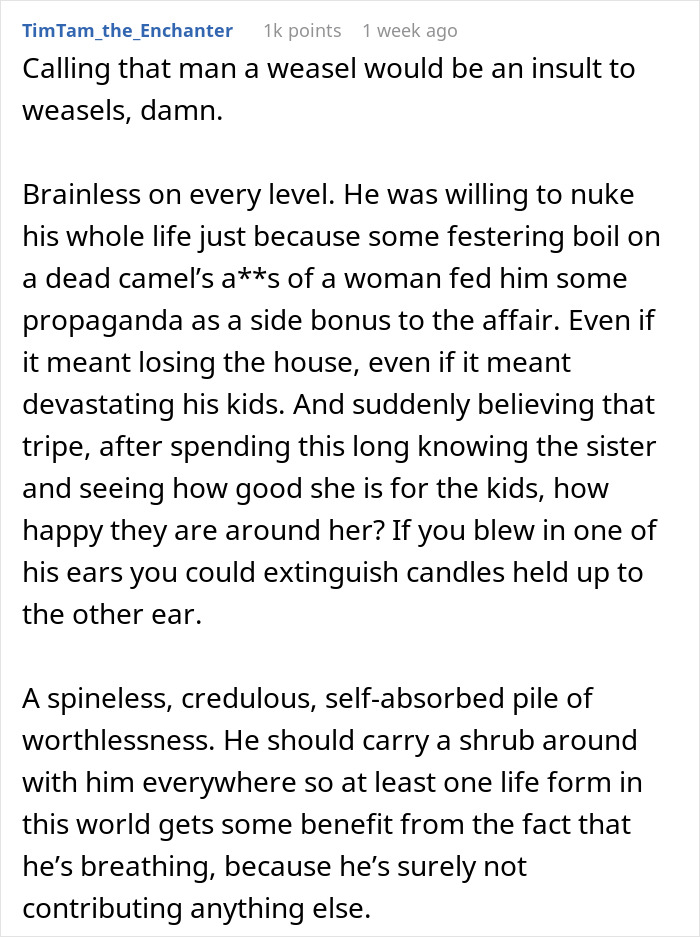 Text comment expressing strong criticism of a husband's behavior regarding a gay aunt.