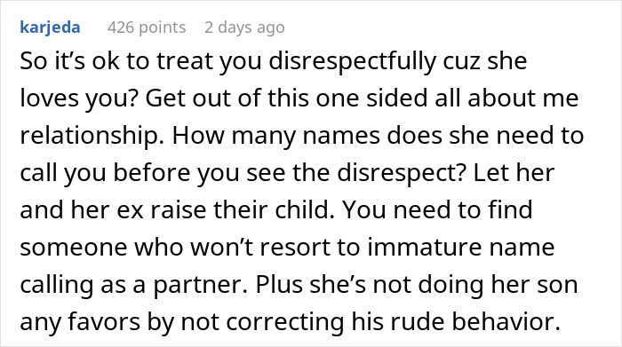 Comment discussing relationship issues and disrespect involving an ex, highlighting a need for change.