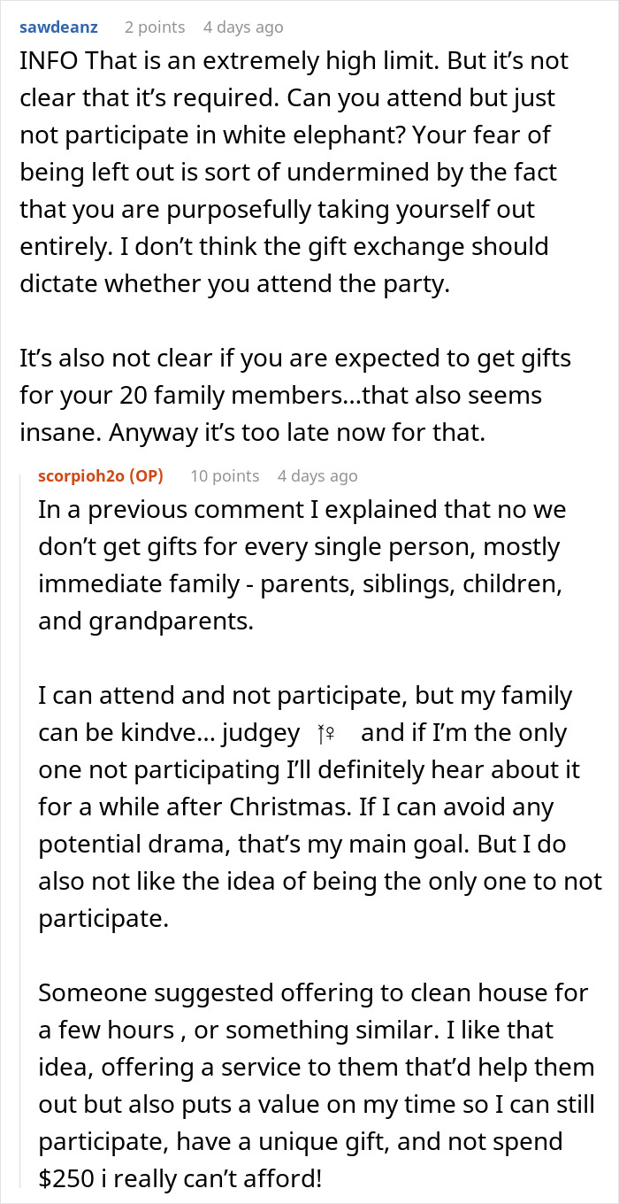 Reddit conversation discussing skipping a family Xmas party due to a high white elephant gift price tag. Reddit conversation discussing skipping a family Xmas party due to a high white elephant gift price tag.