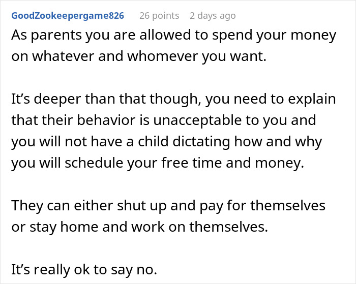 Comment addressing entitled behavior of son and girlfriend demanding inclusion on a Bahamas trip.