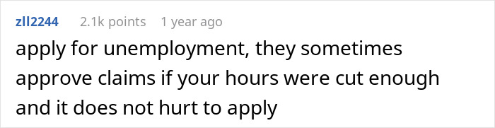 Reddit comment discussing unemployment claims related to cut employee hours by boss.