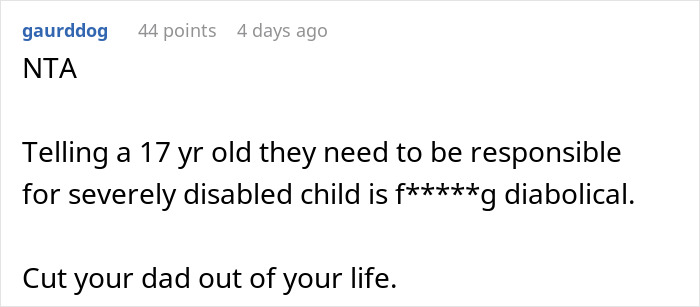 Reddit comment criticizing a dad's actions over his teen's responsibility for a disabled stepsister.