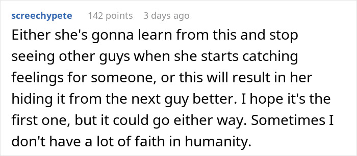 A Reddit comment discusses lessons from dating experiences and faith in humanity.