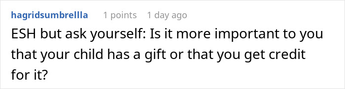 Comment discussing gift credit, reflecting on priorities when a woman catches MIL labeling gifts not bought by her.